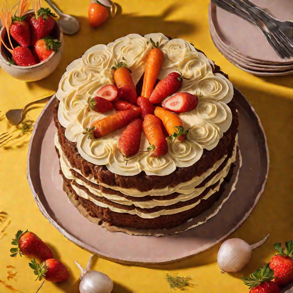 Трехъярусный печеночный торт, декорированный спиралью из клубники. Средний слой из блинов с морковно-луковой начинкой залит майонезным соусом.