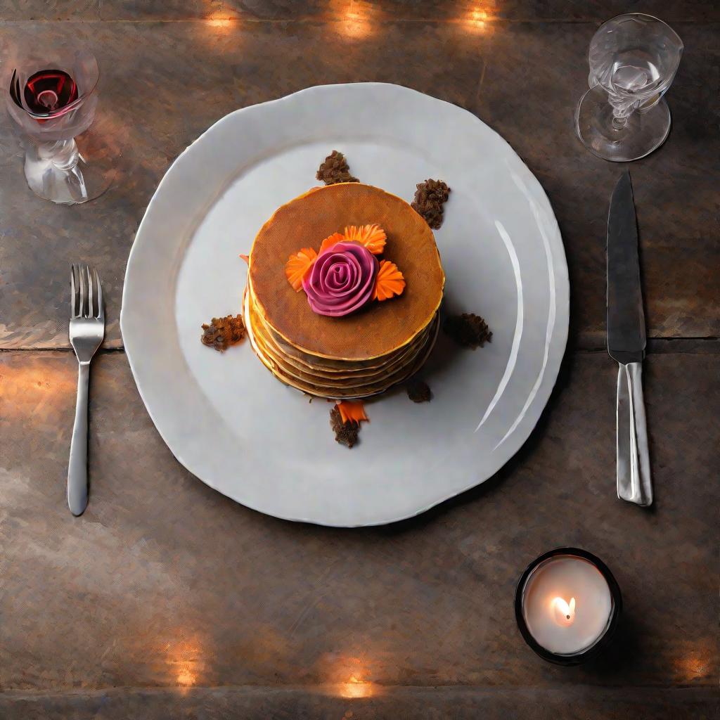 Печеночный торт из 7 слоев на тарелке, украшенный розочкой из моркови, на фоне бетонной стены джаз-бара вечером.