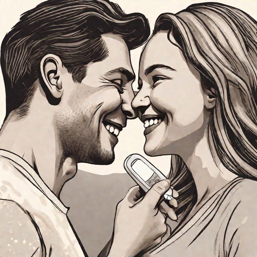 Молодая пара смотрит друг на друга влюбленным взглядом, женщина держит тест на беременность с двумя полосками