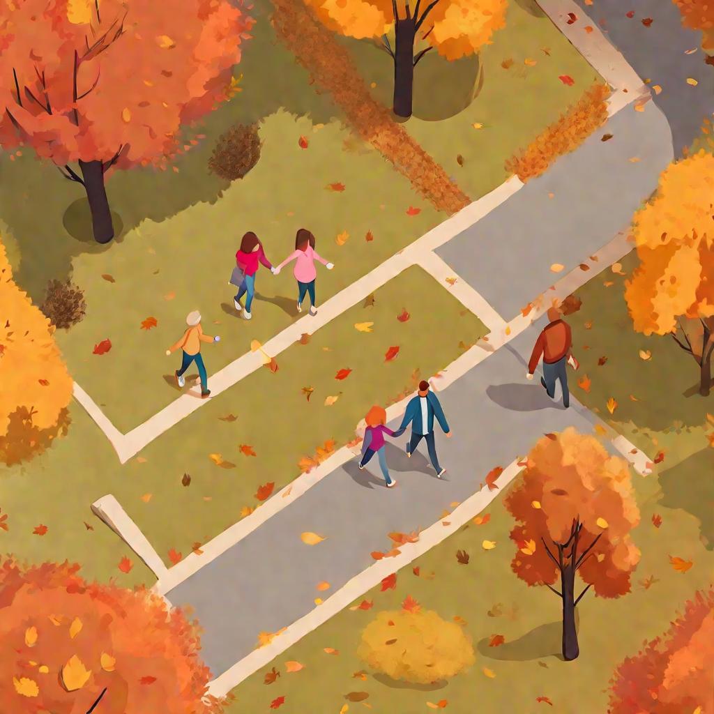 Вид сверху на счастливую семью — мама, папа и дочка — гуляющих по осеннему парку взявшись за руки