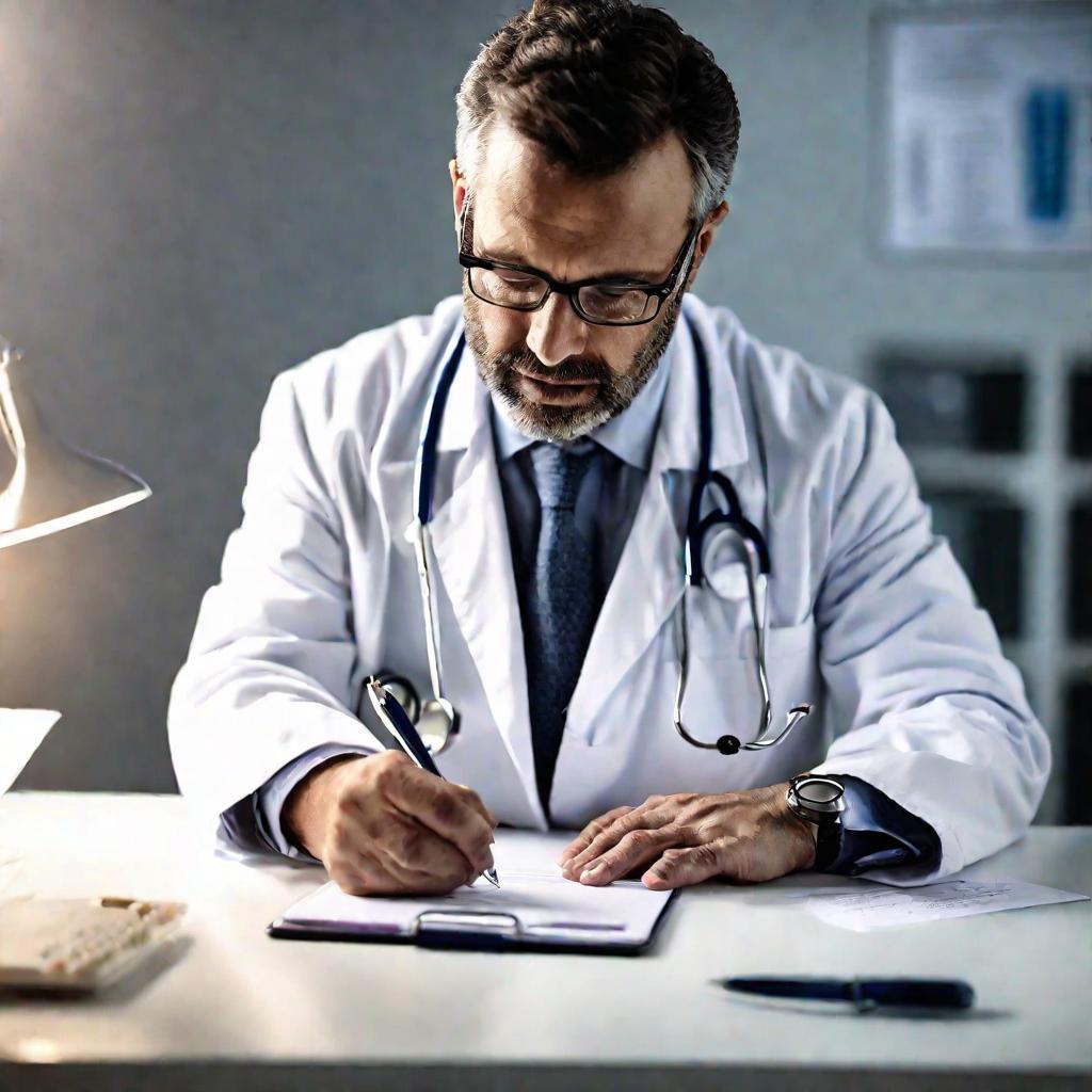 Крупный план врача в белом халате, пишущего на планшете. Мягкий студийный свет сбоку создает контраст и фокусирует внимание на задумчивом выражении лица врача в то время, как он делает заметки о диагностике и лечении болей в животе.