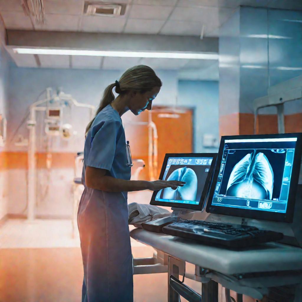 Широкий обзорный кадр больничного коридора, где пациентке делают ультразвуковое исследование нижней части живота, чтобы определить причину болей. Фотография имеет холодный синий оттенок, но на экране монитора видно теплое, светящееся оранжевое изображение