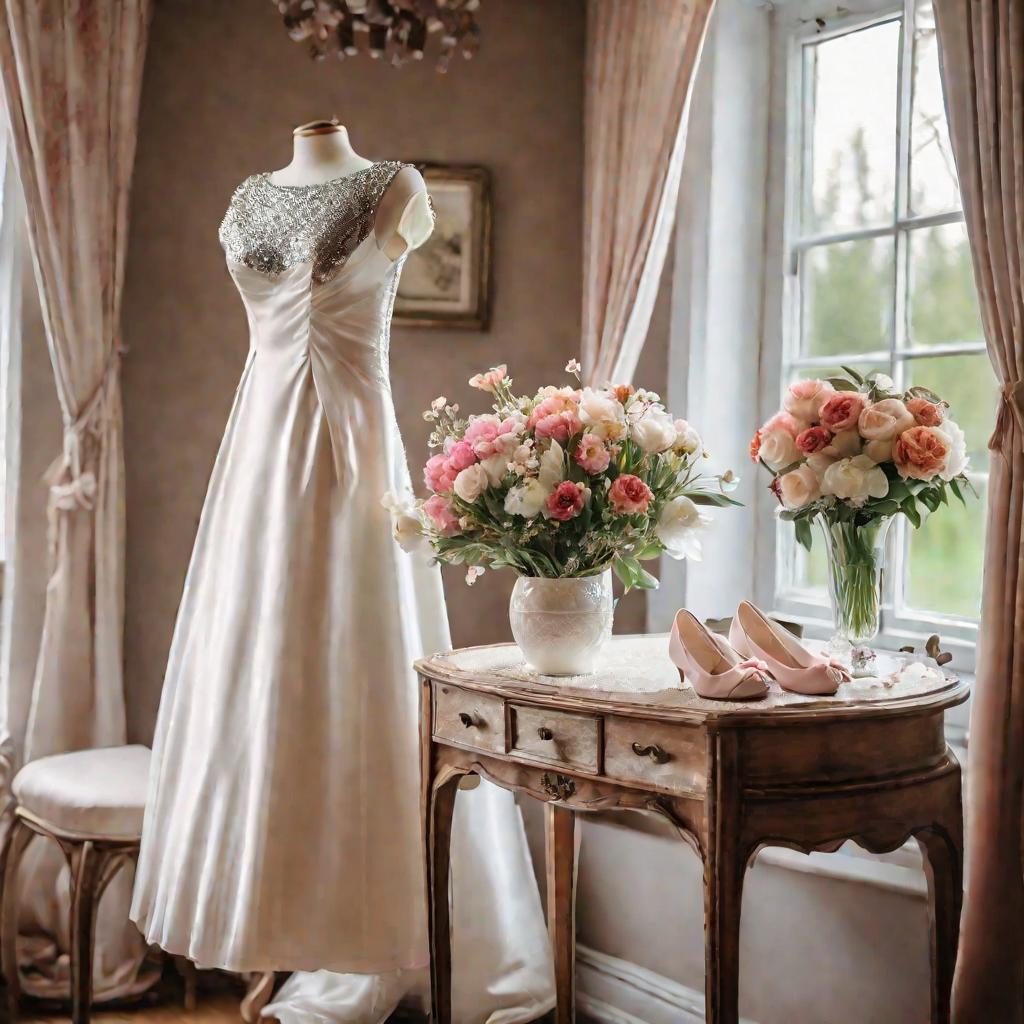 Свадебное платье, обувь и украшения на столе напротив окна с весенним садом