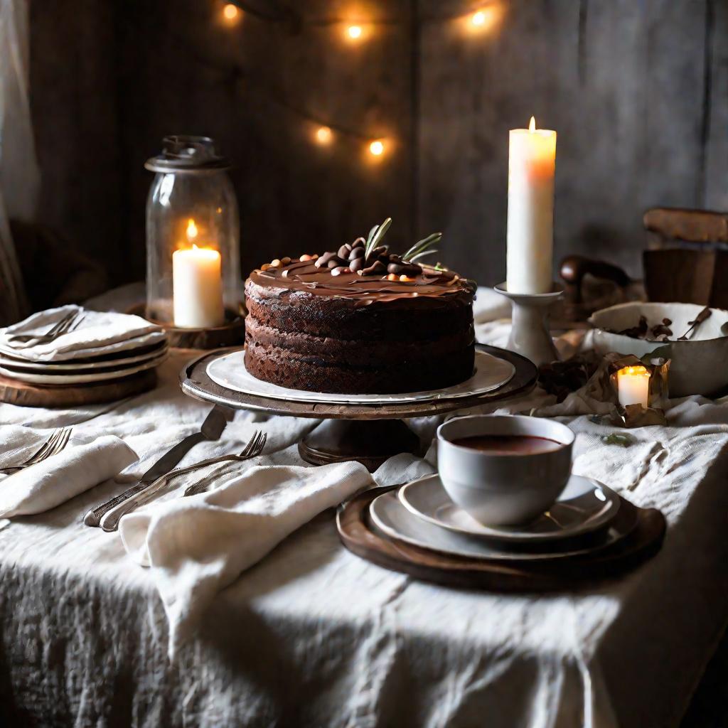 Шоколадный бисквитный торт на столе