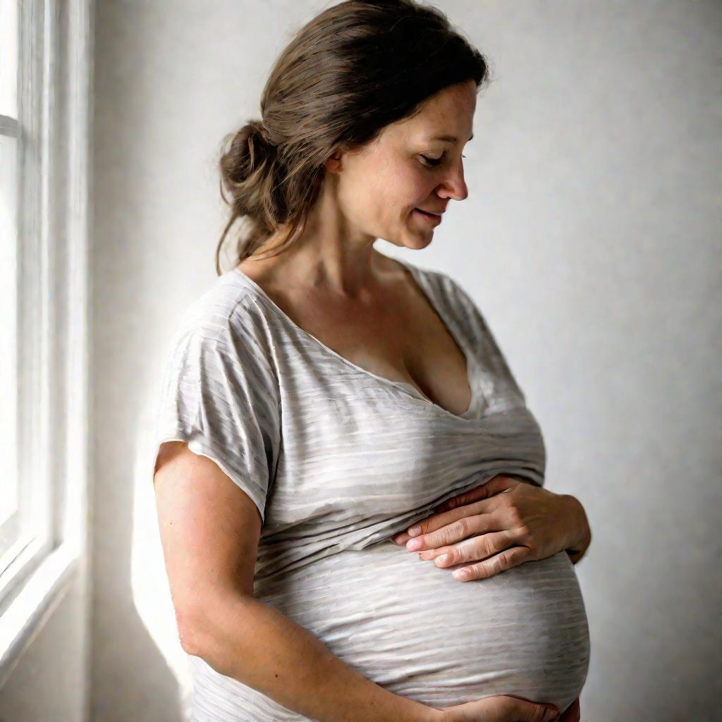 Крупный план портрета беременной женщины на 38-й неделе дома