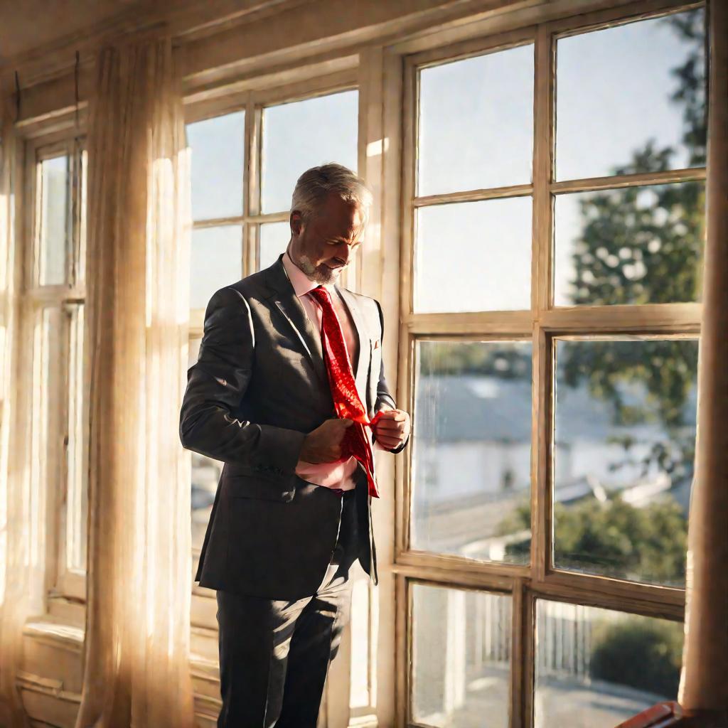 Деловой мужчина завязывает красный шелковый галстук узлом троица у солнечного окна