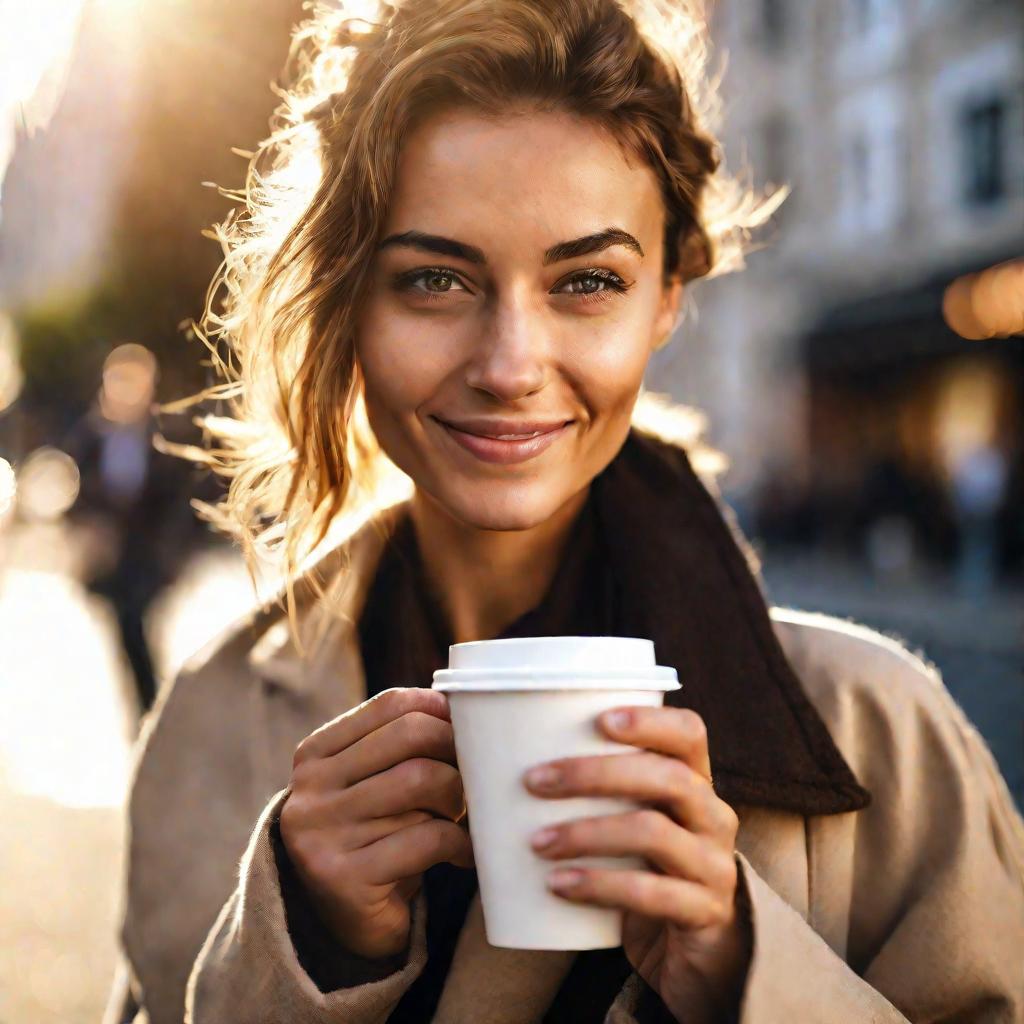 Девушка пьет кофе на улице