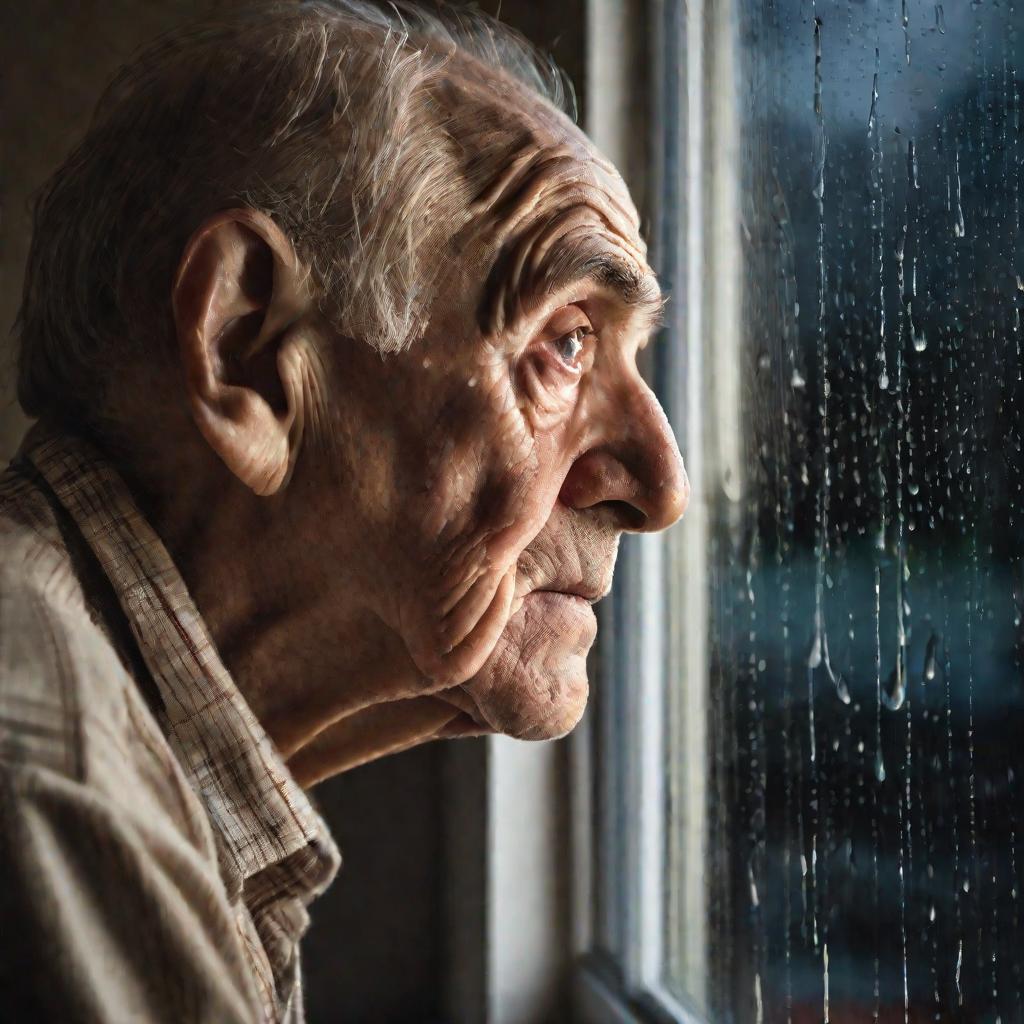 Портрет пожилого мужчины с рассеянным склерозом, смотрящего в дождливое окно в вечернюю грозу. Его выражение передает грусть и тоску, пока он наблюдает за дождем, освещенным светом уличного фонаря