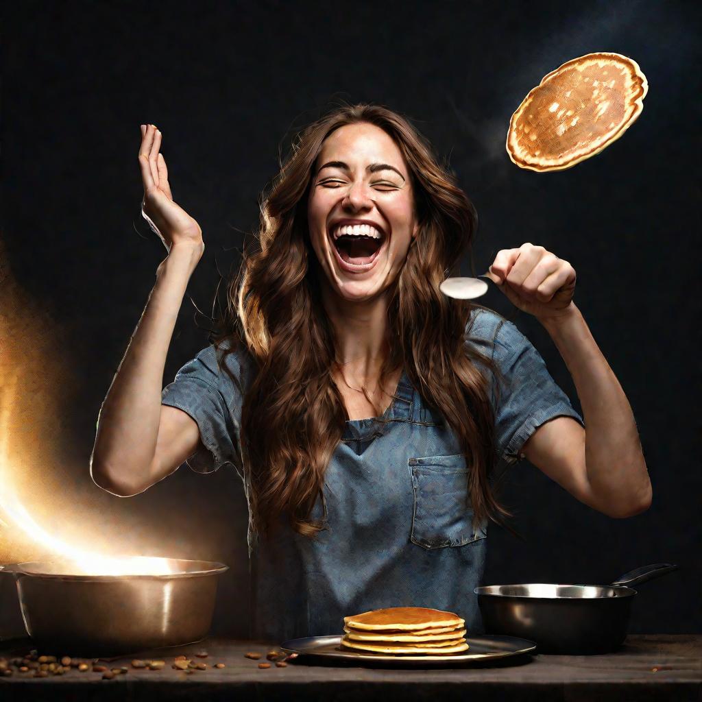 Крупный портрет смеющейся женщины с длинными каштановыми волосами, подбрасывающей блин высоко в воздух сковородкой в одной руке, а в другой держащей монетку, на темном фоне со светом прожектора сверху, создающим драматичный вид.