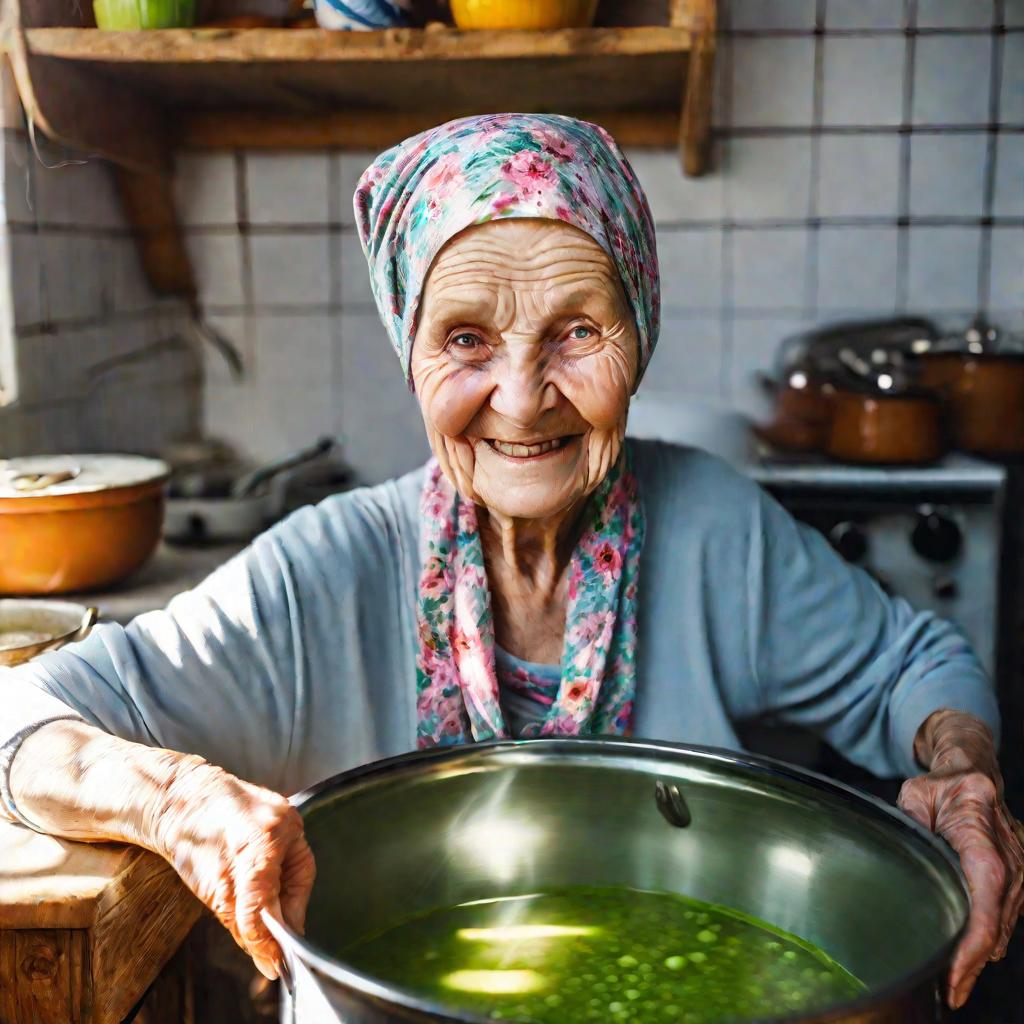 Пожилая женщина готовит гороховый суп