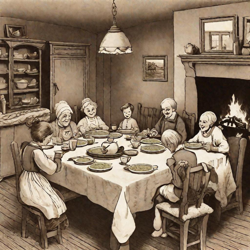 Семья за столом с горячим гороховым супом