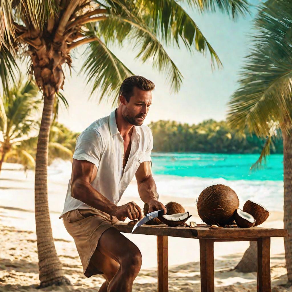 Мужчина режет кокос ножом на пляже