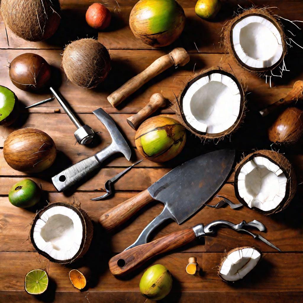 Инструменты для вскрытия кокоса на столе