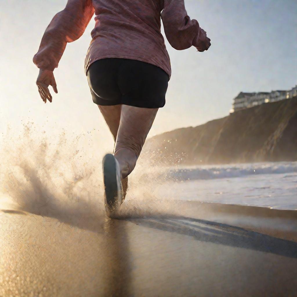 Ноги пожилой женщины во время утренней пробежки по пляжу