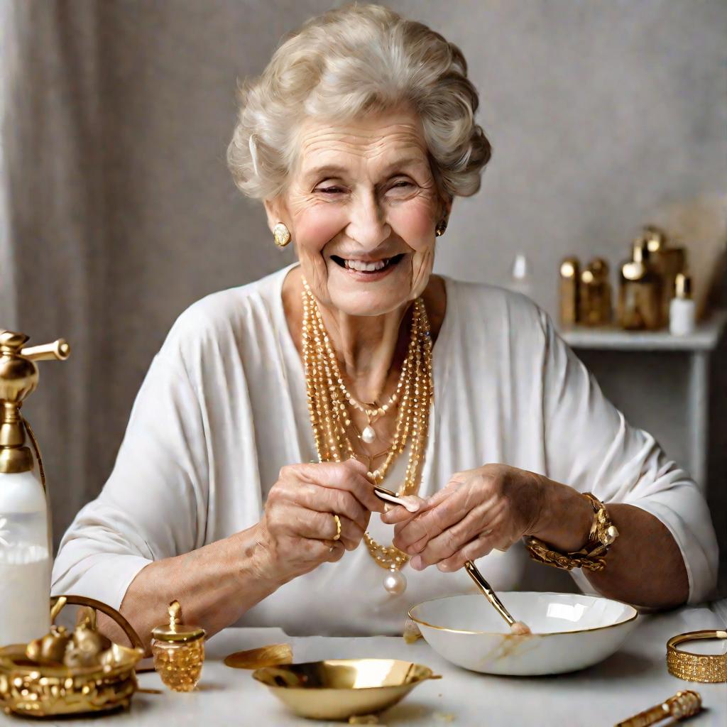 Крупный портрет элегантной пожилой женщины, носящей большие золотые серьги-кольца, жемчужное ожерелье и несколько золотых колец, в то время как она аккуратно чистит блестящий золотой браслет мягкой зубной щеткой, осторожно оттирая его в небольшой миске, н