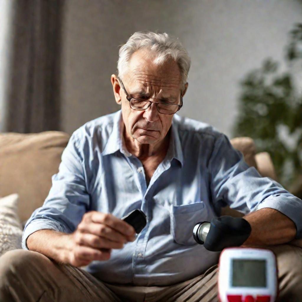 Пожилой мужчина с тревогой смотрит на тонометр, показывающий низкое давление.
