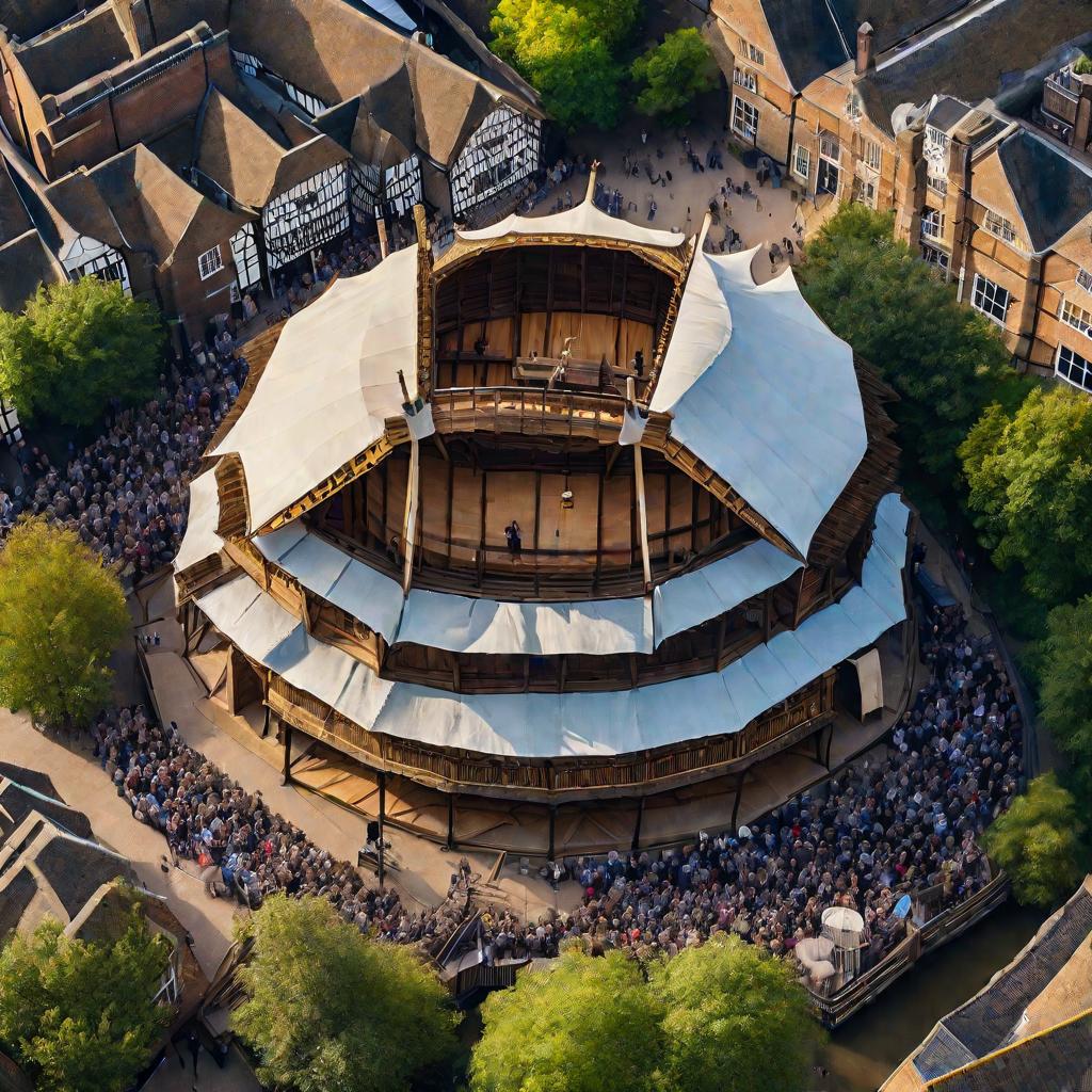 Вид сверху на Глобус Театр Вильяма Шекспира в Лондоне в солнечный летний вечер. Круглое деревянное здание стоит, окруженное толпами людей, под голубым небом. Мерцающие языки пламени факелов освещают входы. Флаги развеваются на шатровой крыше. Актеры, одет
