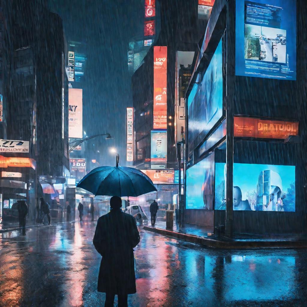 Вид сверху на ночную улицу города в дождь, на экране - синий экран смерти