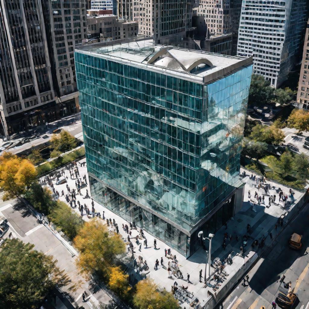 Вид сверху на современное стеклянное офисное здание в деловом центре города в солнечный день