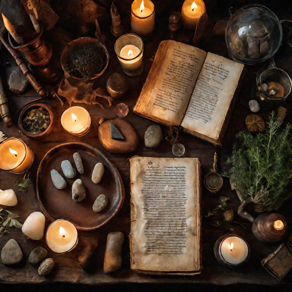 Магические предметы на столе при свечах
