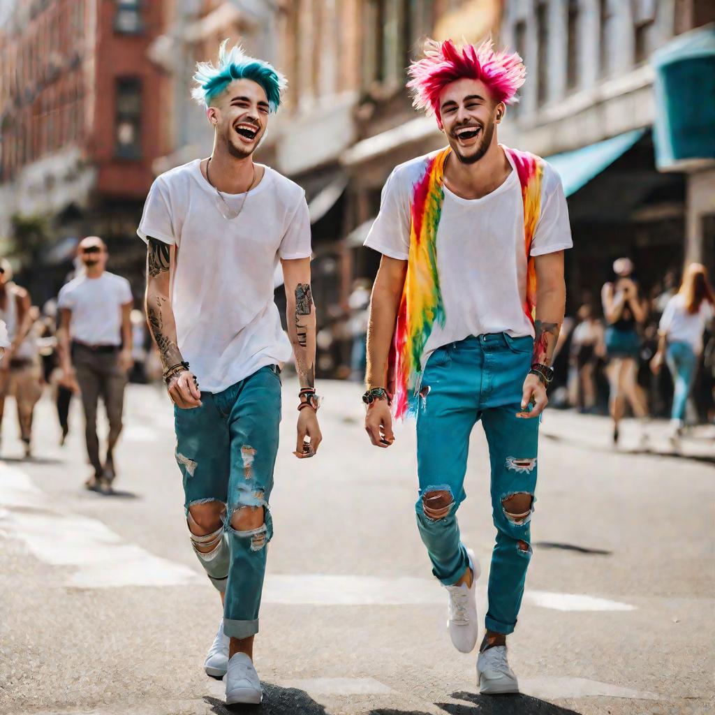Два молодых парня с ярким цветным окрашиванием волос весело идут по оживленной городской улице в солнечный летний день