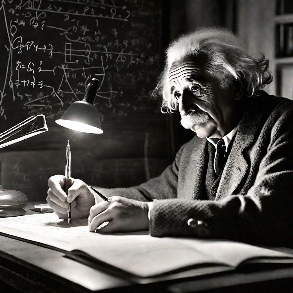 Эйнштейн работает за столом, записывая уравнения