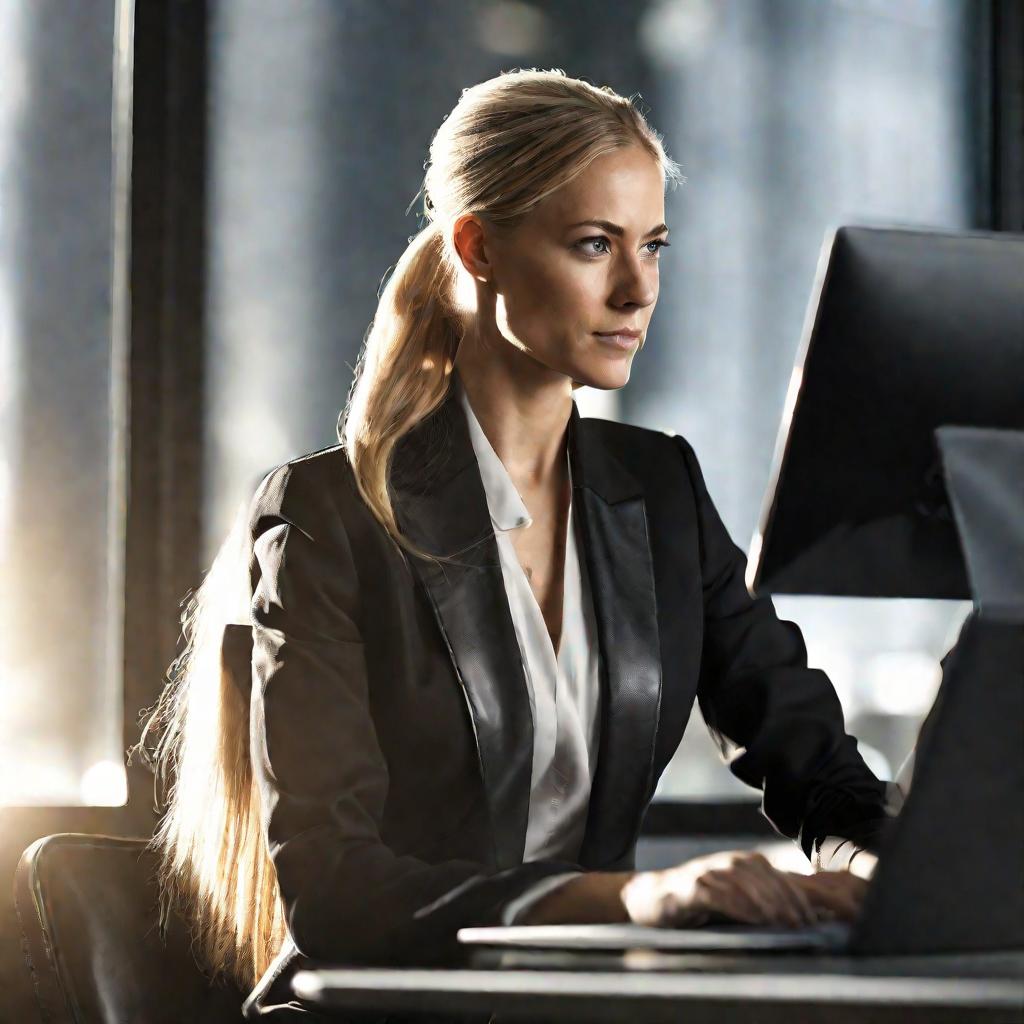 Женщина-аналитик смотрит на экран ноутбука