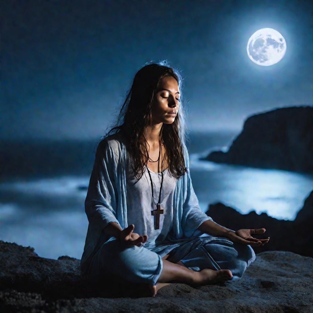 Девушка медитирует под луной