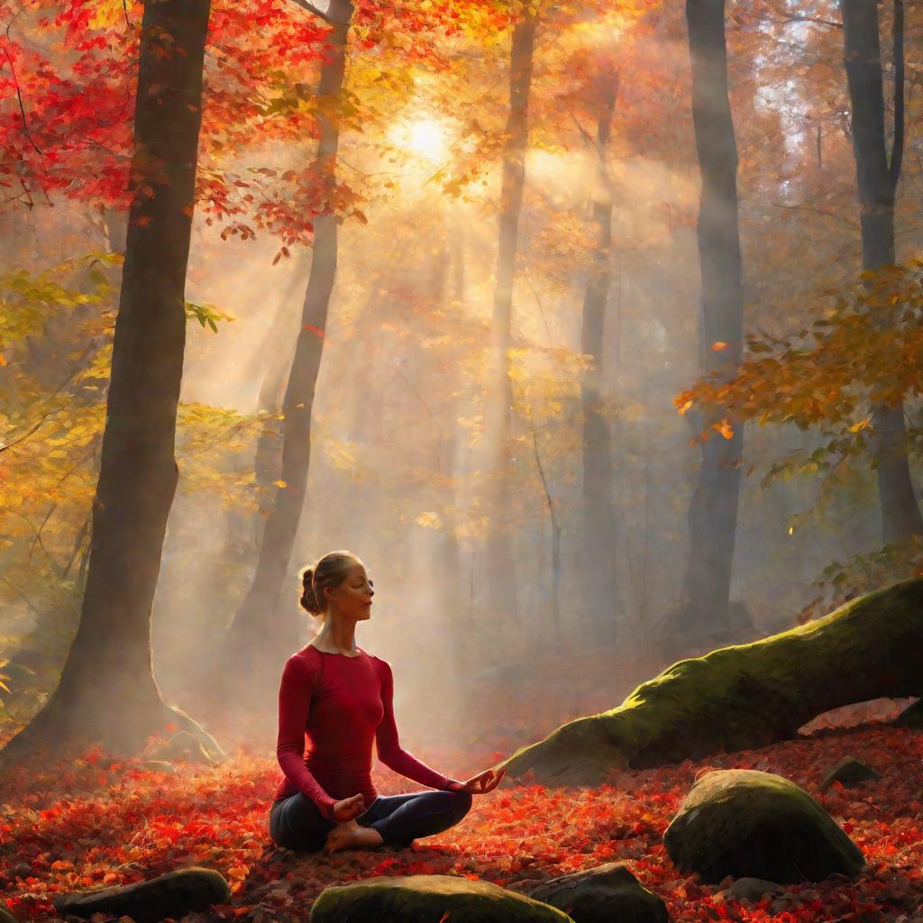 Женщина медитирует в лесу осенью
