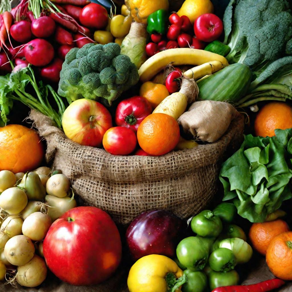 Полная корзина свежих фруктов и овощей на рынке