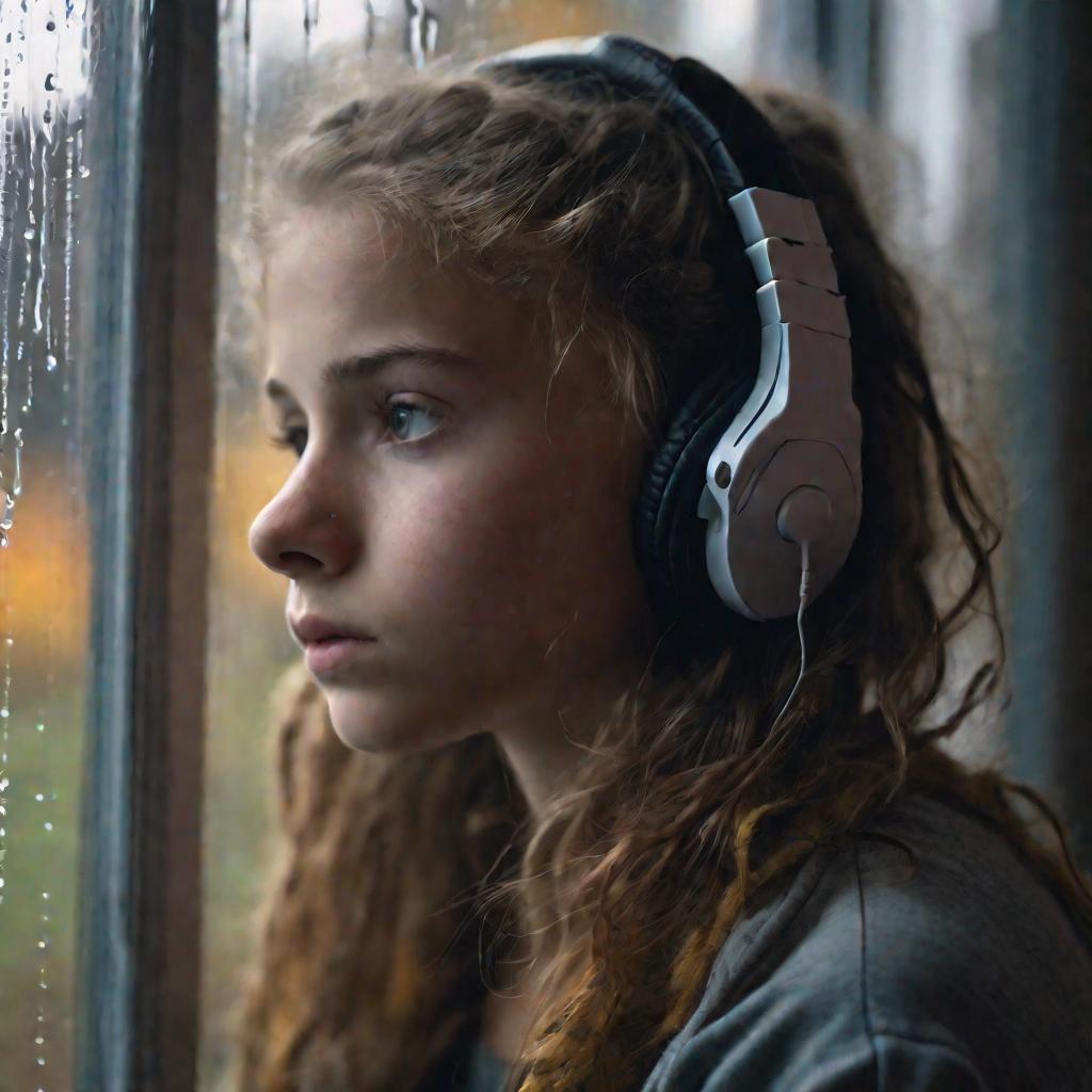 Задумчивая девушка-подросток смотрит в окно в дождливый осенний вечер