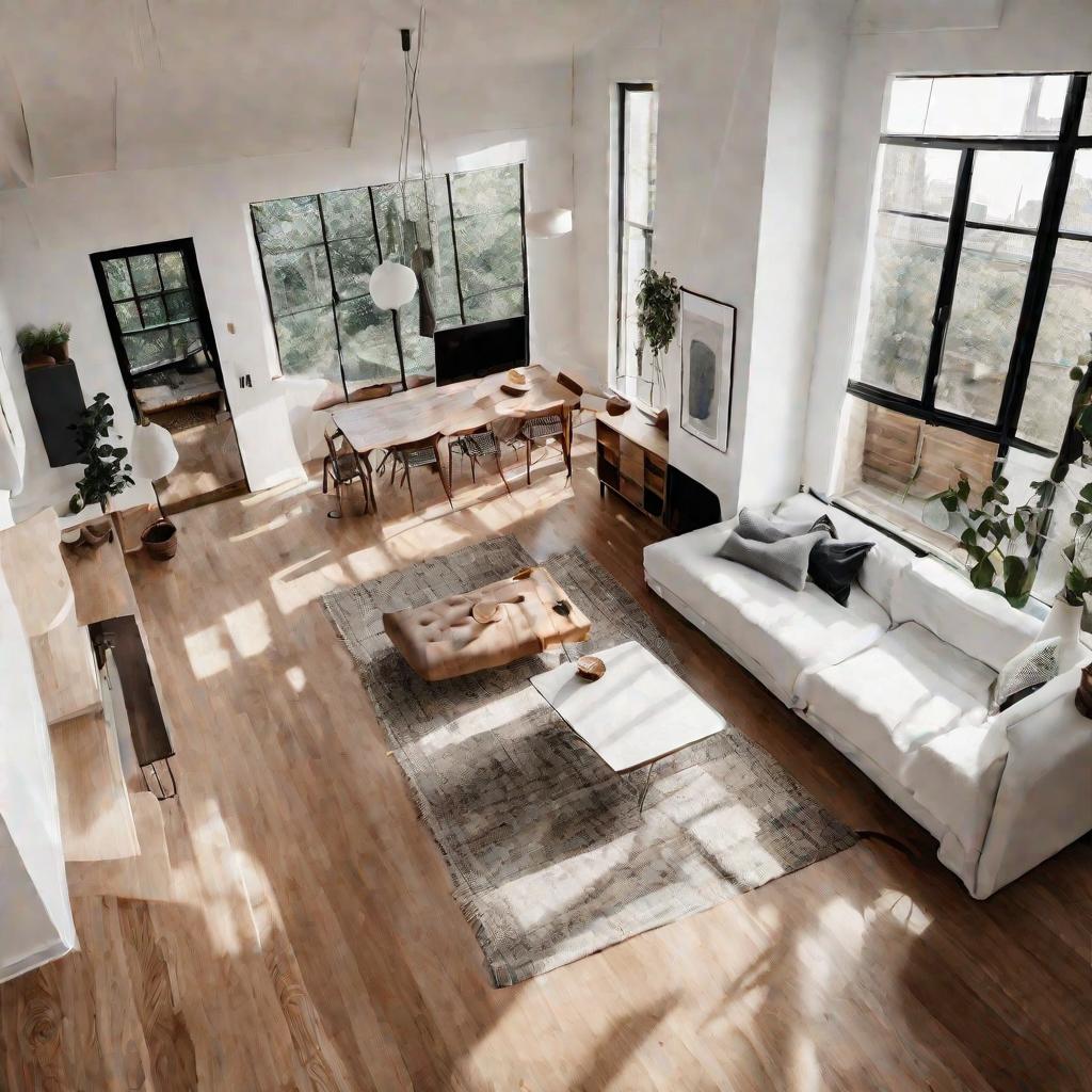 Вид сверху на интерьер квартиры в скандинавском стиле с открытой планировкой после перепланировки
