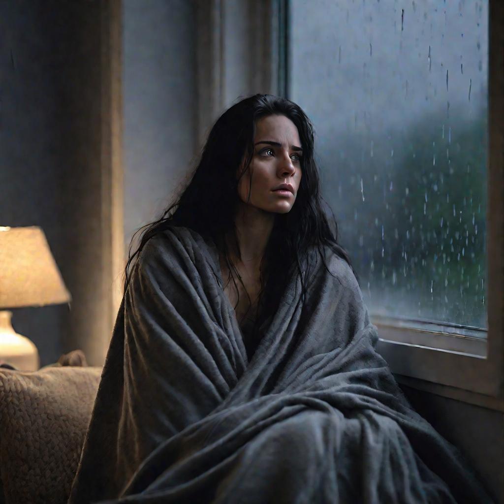 Задумчивая женщина в сумерках сидит на диване у окна, глядя на дождь