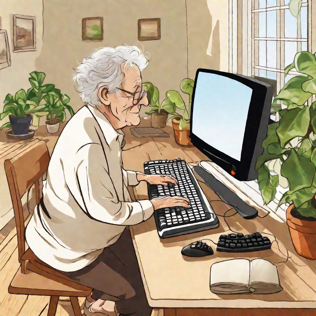 Пожилой человек учится печатать на обычной клавиатуре, подключенной к компьютеру