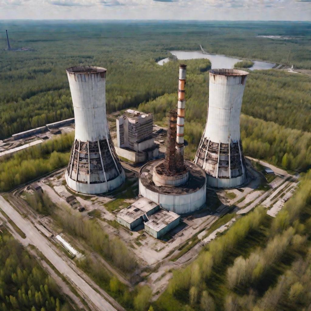 Широкий вид сверху на Чернобыльскую АЭС в Украине в солнечный весенний день