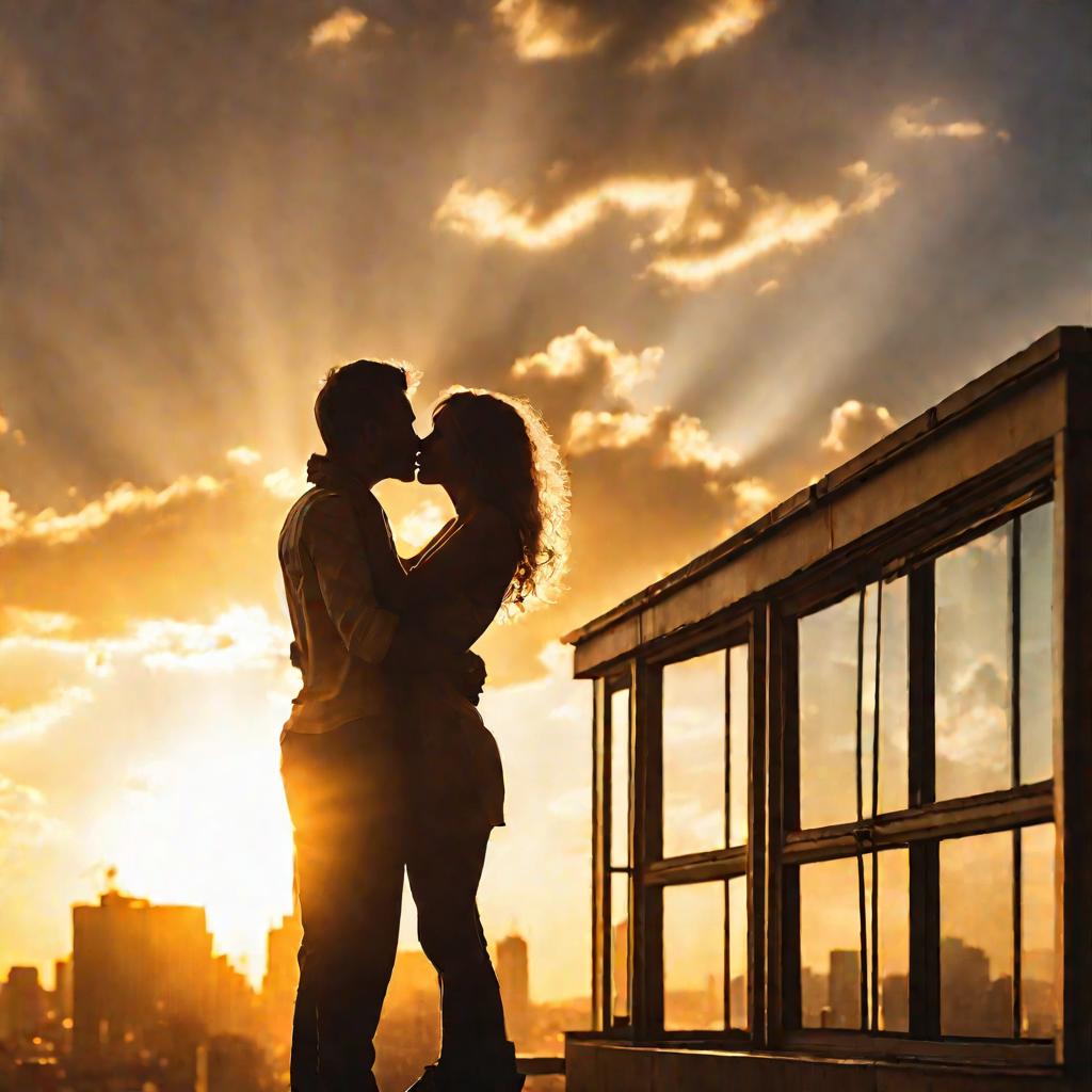 Силуэты целующейся пары на крыше на закате