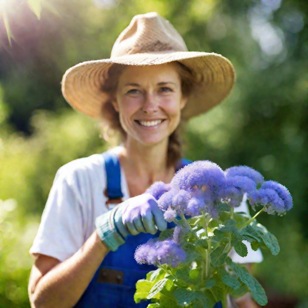 Женщина-садовод с цветком агератума