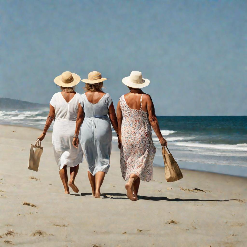 Три подруги идут по пляжу в летний день