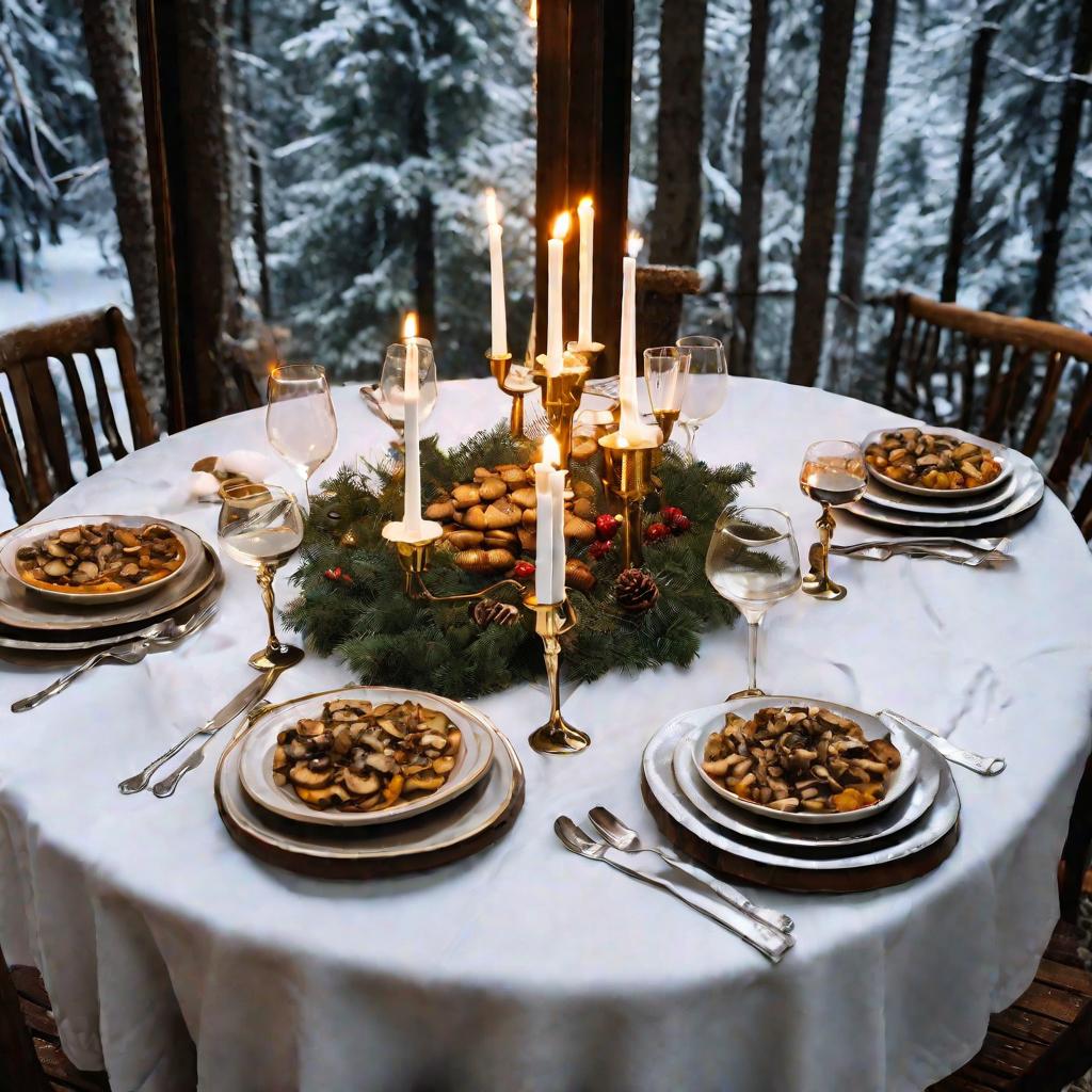 Праздничный стол с грибными салатами в лесу зимним вечером.