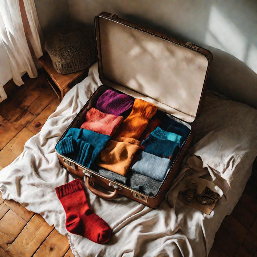 Вид сверху на большой раскрытый чемодан на кровати, вокруг разбросаны разноцветные носки. Мягкий естественный свет из окна создает уютную атмосферу.