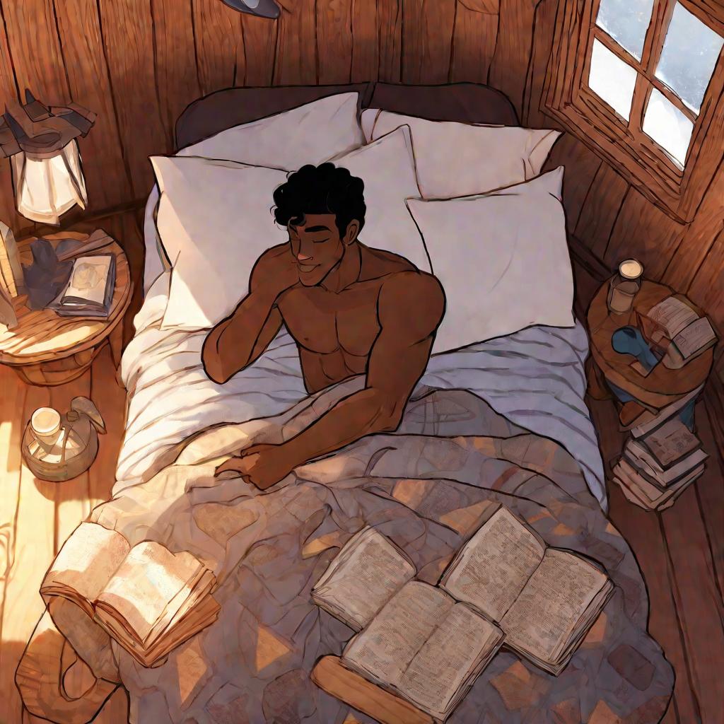 Мужчина-кентавр спит в постели утром в деревянной хижине