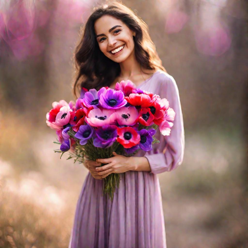 Женщина в длинном платье держит букет из розовых, красных и фиолетовых анемон. Она радостно смотрит в камеру. Фон размыт. Мягкое естественное освещение и яркие цвета создают радостное романтическое настроение.