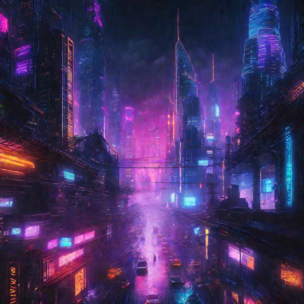 Панорамный вид на неоновый киберпанк город ночью