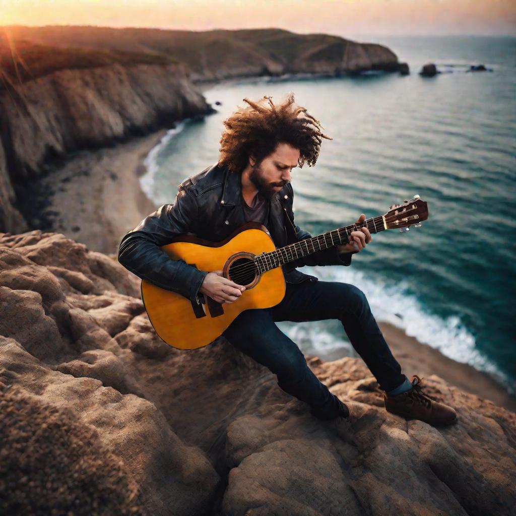 Гитарист с медиатором на закате у моря