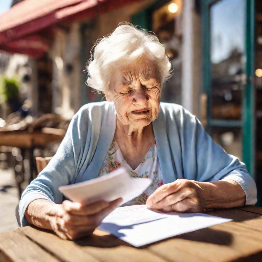 Пожилая женщина внимательно читает мелкий шрифт кредитного договора