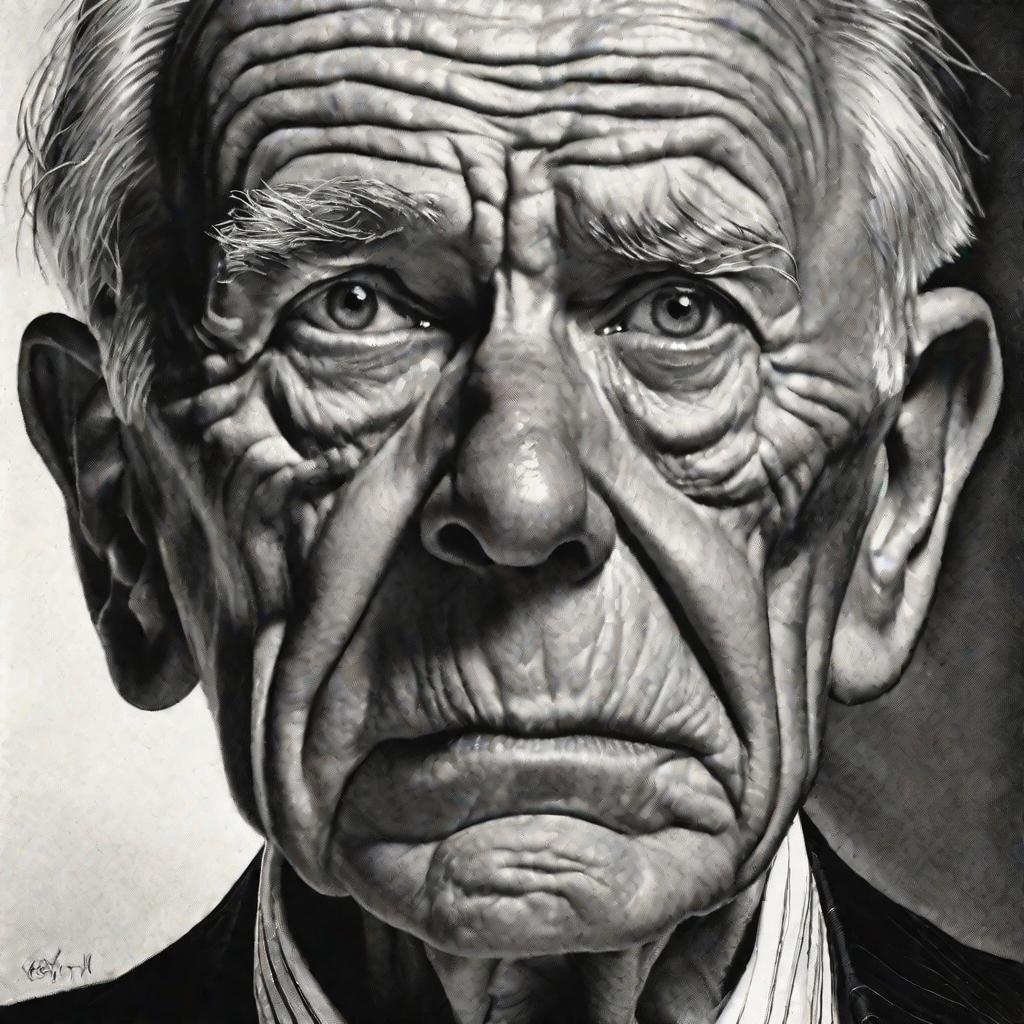 Портрет пожилого мужчины в костюме с хмурым и осуждающим взглядом
