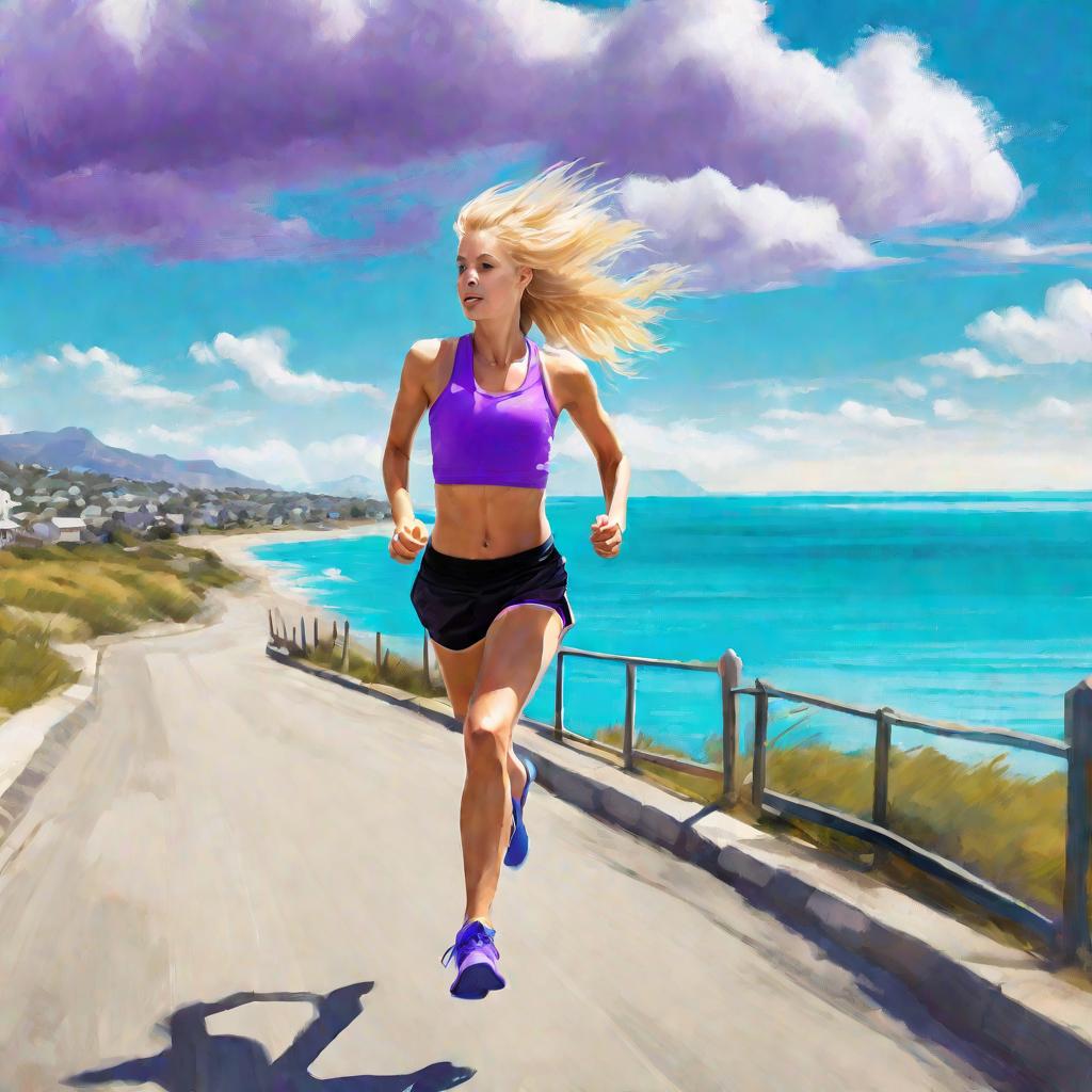 Девушка блондинка бежит по набережной на фоне моря
