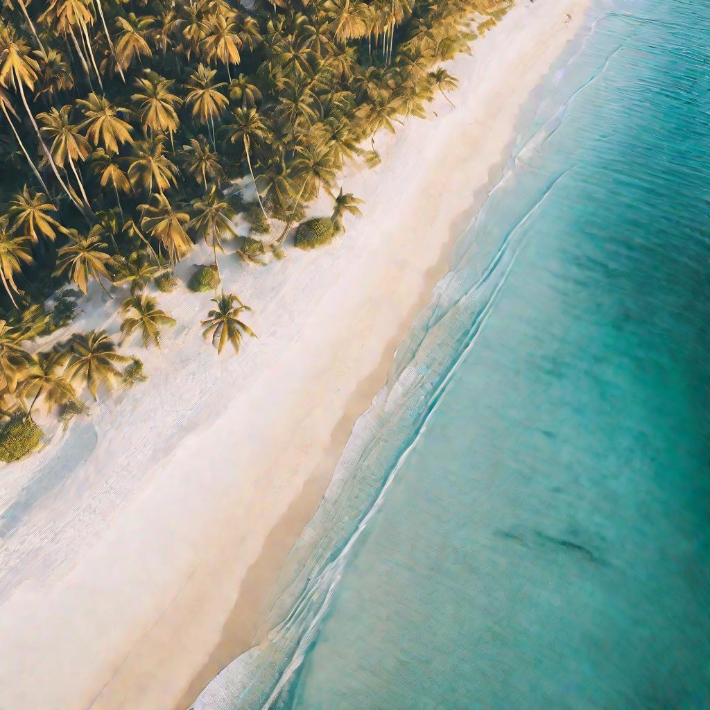 Вид сверху на спокойное бирюзовое море на рассвете с пляжем и пальмами