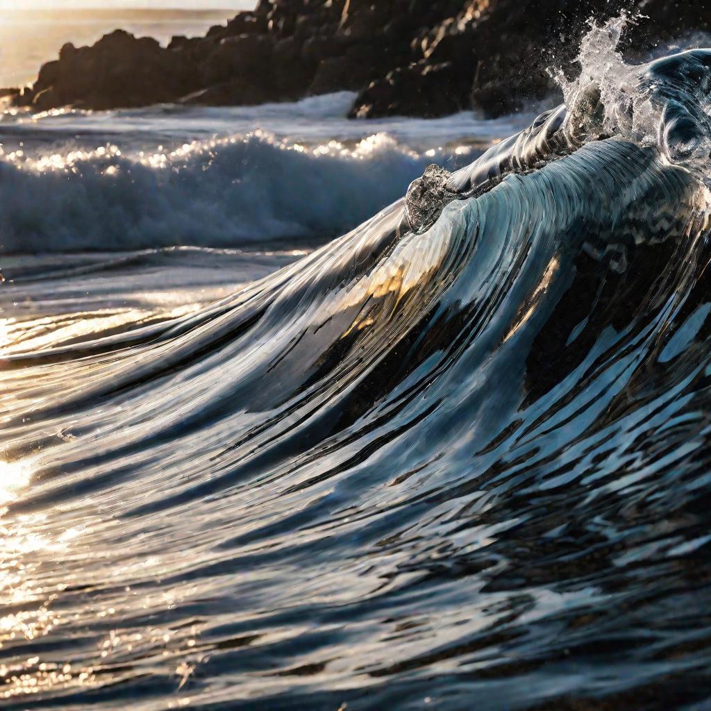 Крупный план прозрачной морской волны со светом сквозь нее перед ударом о скалистый берег