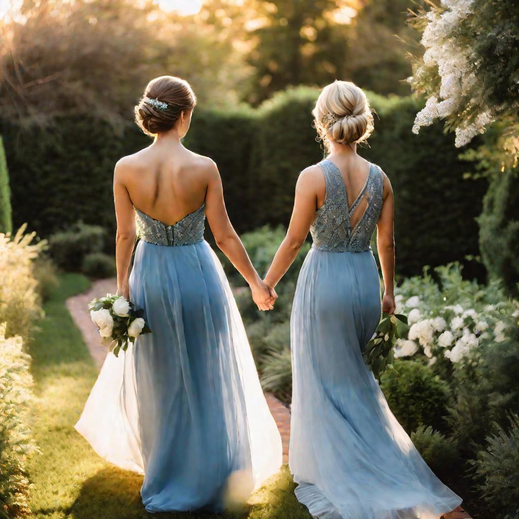 Свидетельница в синем платье с букетом помогает невесте в белом платье пройти по саду на закате